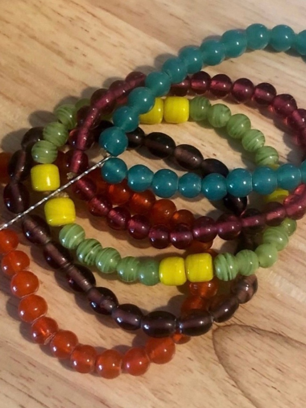 Colorful Multi-Strand Glass Bead Bracelet - Yellow, Teal, Green, Purple